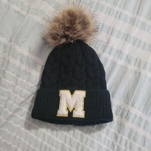 Kids Black Knit Pom Beanie with Gold-Trim M Patch